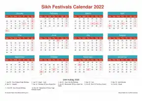 Calendar Horizintal Grid Mon Sun Sikh Holiday A4 Landscape Cheerful Bright 2022