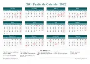 Calendar Horizintal Grid Mon Sun Sikh Holiday A4 Landscape Cool Blue 2022