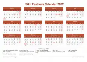 Calendar Horizintal Grid Mon Sun Sikh Holiday A4 Landscape Earth 2022