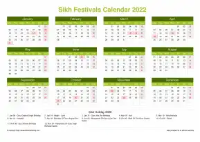 Calendar Horizintal Grid Mon Sun Sikh Holiday A4 Landscape Natural 2022
