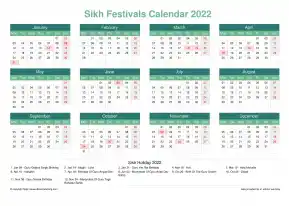 Calendar Horizintal Grid Mon Sun Sikh Holiday A4 Landscape Watery Blue 2022