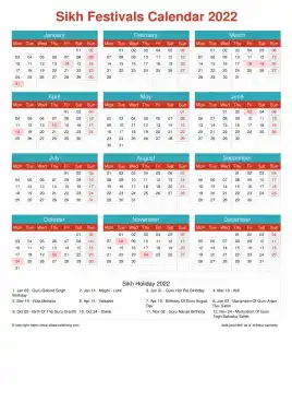 Calendar Horizintal Grid Mon Sun Sikh Holiday A4 Portrait Cheerful Bright 2022