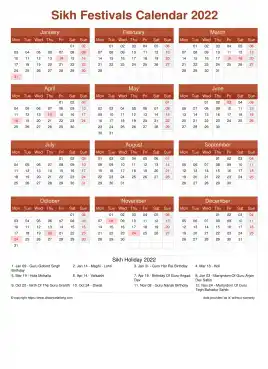 Calendar Horizintal Grid Mon Sun Sikh Holiday A4 Portrait Earth 2022