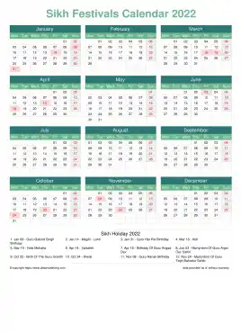 Calendar Horizintal Grid Mon Sun Sikh Holiday A4 Portrait Watery Blue 2022