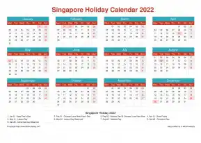 Calendar Horizintal Grid Mon Sun Singapore Holiday Cheerful Bright Landscape 2022