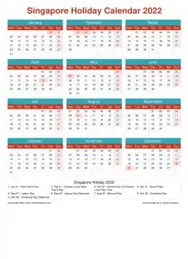 Calendar Horizintal Grid Mon Sun Singapore Holiday Cheerful Bright Portrait 2022