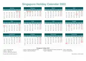 Calendar Horizintal Grid Mon Sun Singapore Holiday Cool Blue Landscape 2022
