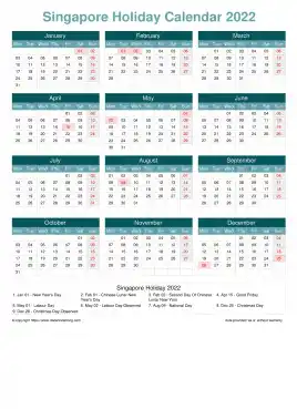 Calendar Horizintal Grid Mon Sun Singapore Holiday Cool Blue Portrait 2022