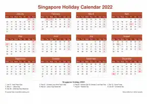 Calendar Horizintal Grid Mon Sun Singapore Holiday Earth Landscape 2022