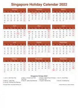 Calendar Horizintal Grid Mon Sun Singapore Holiday Earth Portrait 2022