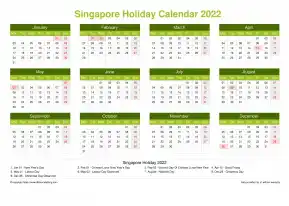 Calendar Horizintal Grid Mon Sun Singapore Holiday Natural Landscape 2022