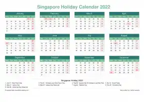 Calendar Horizintal Grid Mon Sun Singapore Holiday Watery Blue Landscape 2022