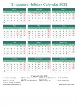 Calendar Horizintal Grid Mon Sun Singapore Holiday Watery Blue Portrait 2022