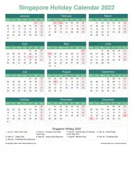 Calendar Horizintal Grid Mon Sun Singapore Holiday Watery Blue Portrait 2022