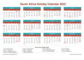 Calendar Horizintal Grid Mon Sun South Africa Holiday Cheerful Bright Landscape 2022