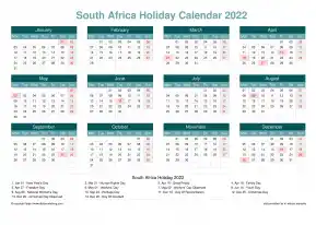 Calendar Horizintal Grid Mon Sun South Africa Holiday Cool Blue Landscape 2022