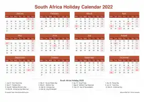 Calendar Horizintal Grid Mon Sun South Africa Holiday Earth Landscape 2022