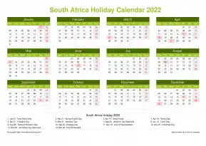 Calendar Horizintal Grid Mon Sun South Africa Holiday Natural Landscape 2022