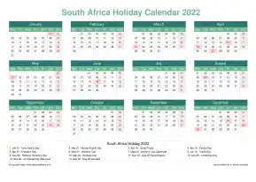 Calendar Horizintal Grid Mon Sun South Africa Holiday Watery Blue Landscape 2022