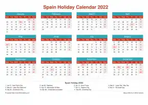 Calendar Horizintal Grid Mon Sun Spain Holiday Cheerful Bright Landscape 2022
