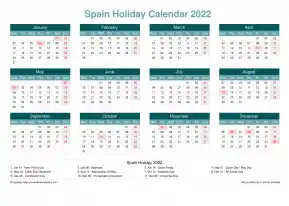 Calendar Horizintal Grid Mon Sun Spain Holiday Cool Blue Landscape 2022
