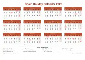Calendar Horizintal Grid Mon Sun Spain Holiday Earth Landscape 2022