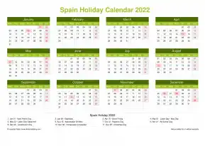 Calendar Horizintal Grid Mon Sun Spain Holiday Natural Landscape 2022