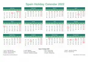 Calendar Horizintal Grid Mon Sun Spain Holiday Watery Blue Landscape 2022