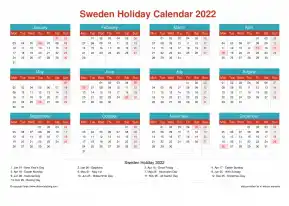 Calendar Horizintal Grid Mon Sun Sweden Holiday Cheerful Bright Landscape 2022