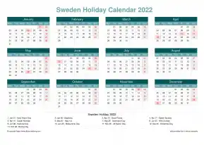 Calendar Horizintal Grid Mon Sun Sweden Holiday Cool Blue Landscape 2022