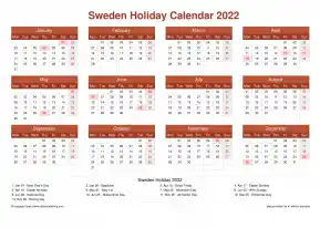 Calendar Horizintal Grid Mon Sun Sweden Holiday Earth Landscape 2022