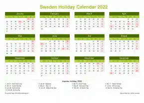 Calendar Horizintal Grid Mon Sun Sweden Holiday Natural Landscape 2022