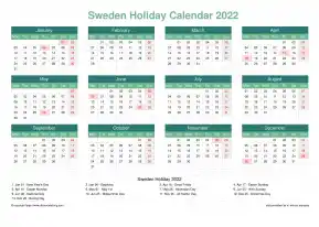 Calendar Horizintal Grid Mon Sun Sweden Holiday Watery Blue Landscape 2022
