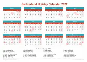 Calendar Horizintal Grid Mon Sun Switzerland Holiday Cheerful Bright Landscape 2022