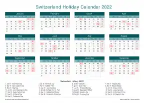 Calendar Horizintal Grid Mon Sun Switzerland Holiday Cool Blue Landscape 2022
