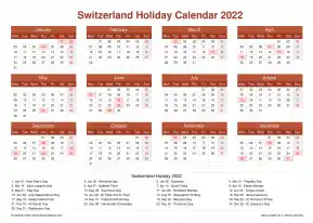 Calendar Horizintal Grid Mon Sun Switzerland Holiday Earth Landscape 2022