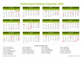 Calendar Horizintal Grid Mon Sun Switzerland Holiday Natural Landscape 2022
