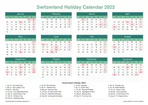 Calendar Horizintal Grid Mon Sun Switzerland Holiday Watery Blue Landscape 2022