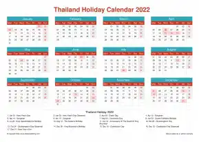 Calendar Horizintal Grid Mon Sun Thailand Holiday Cheerful Bright Landscape 2022