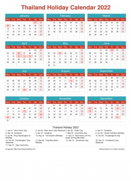 Calendar Horizintal Grid Mon Sun Thailand Holiday Cheerful Bright Portrait 2022