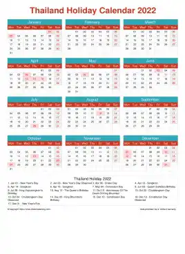 Calendar Horizintal Grid Mon Sun Thailand Holiday Cheerful Bright Portrait 2022