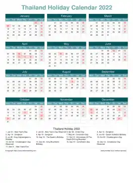 Calendar Horizintal Grid Mon Sun Thailand Holiday Cool Blue Portrait 2022