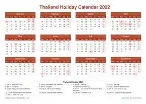 Calendar Horizintal Grid Mon Sun Thailand Holiday Earth Landscape 2022