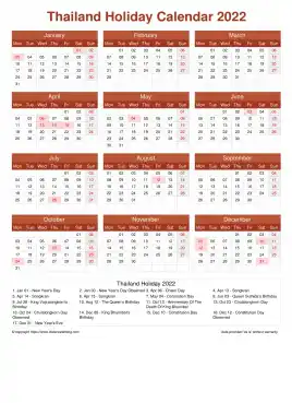 Calendar Horizintal Grid Mon Sun Thailand Holiday Earth Portrait 2022