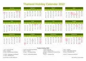 Calendar Horizintal Grid Mon Sun Thailand Holiday Natural Landscape 2022