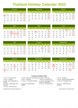 Calendar Horizintal Grid Mon Sun Thailand Holiday Natural Portrait 2022