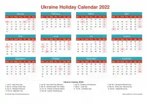 Calendar Horizintal Grid Mon Sun Ukraine Holiday Cheerful Bright Landscape 2022