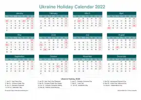 Calendar Horizintal Grid Mon Sun Ukraine Holiday Cool Blue Landscape 2022