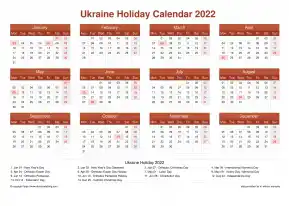 Calendar Horizintal Grid Mon Sun Ukraine Holiday Earth Landscape 2022
