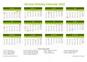 Calendar Horizintal Grid Mon Sun Ukraine Holiday Natural Landscape 2022